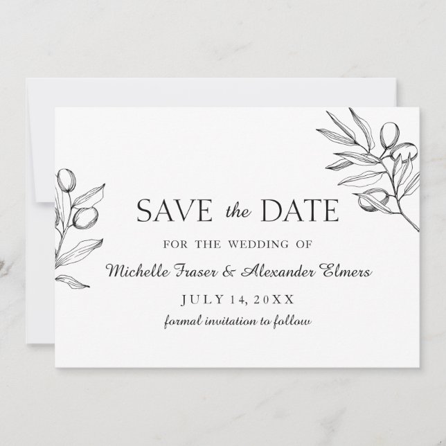 Save The Date Elégante branche olive. Mariage noir et blanc (Devant)