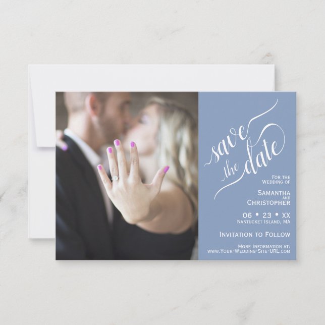 Save The Date Élégante calligraphie bleu 2 Volet Mariage photo (Devant)