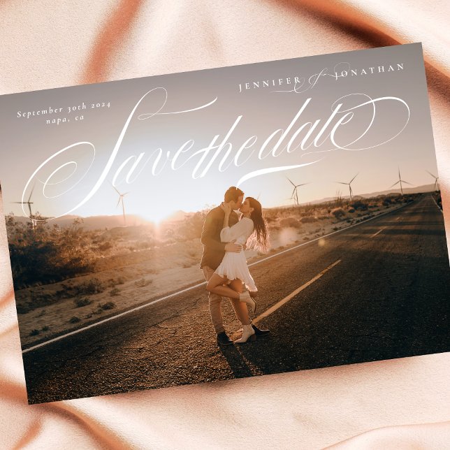 Save The Date Élégante calligraphie Classic QR Code Deux photos (Créateur téléchargé)