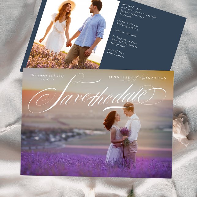 Save The Date Élégante calligraphie Classic QR Code Deux photos (Créateur téléchargé)