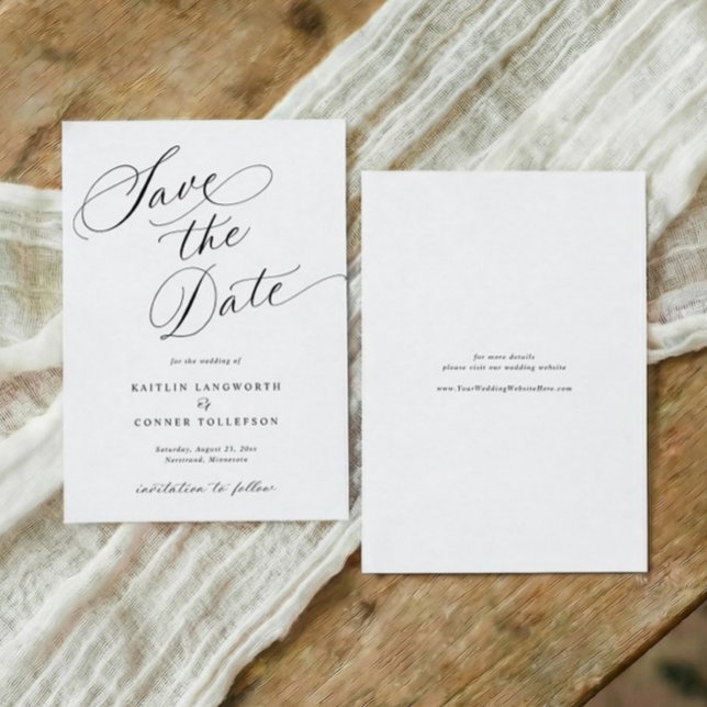 Save The Date Élégante Calligraphie Classique Mariage Formel (Formal black and white wedding save the date with elegant calligraphy and classic script)