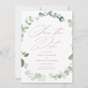 Save The Date Élégante calligraphie d'Eucalyptus Dusty Rose Mari