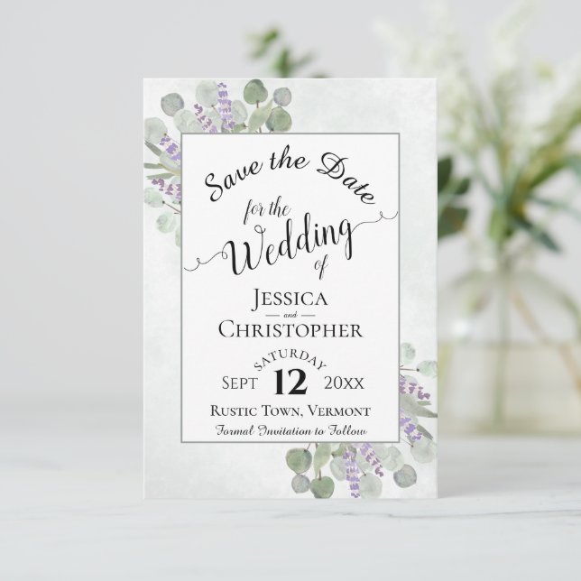 Save The Date Élégante calligraphie Eucalyptus & Lavender Mariag (Debout devant)