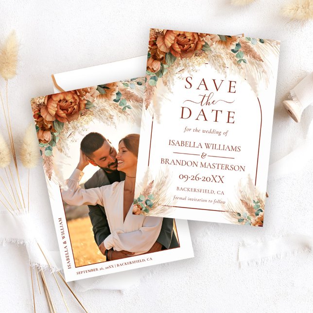 Save The Date Élégante calligraphie florale boho photo mariage (Créateur téléchargé)