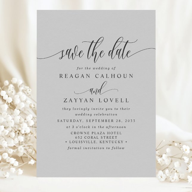 Save The Date Élégante Calligraphie Gris Clair Enregistrer La Da (Créateur téléchargé)
