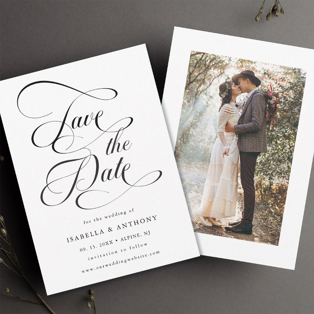 Save The Date Élégante calligraphie Mariage noir et blanc (Front & Back)