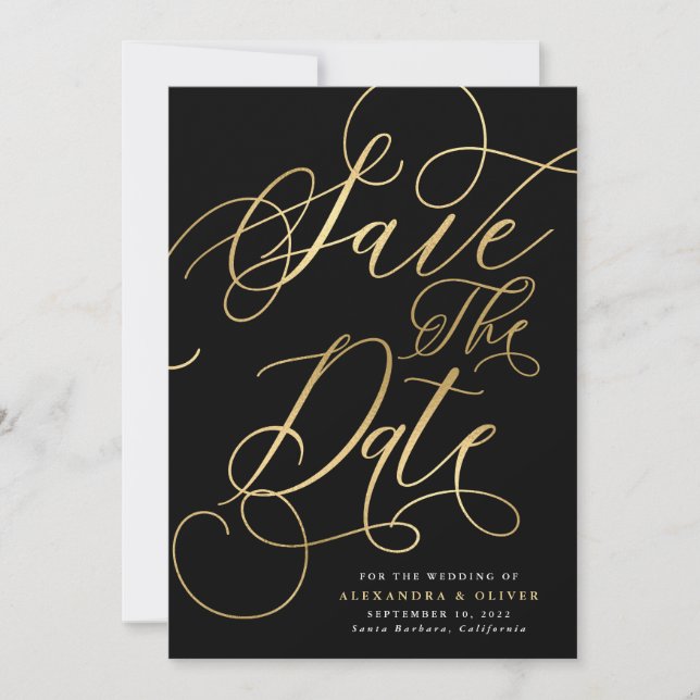 Save The Date Élégante calligraphie Or et Mariage noir (Devant)