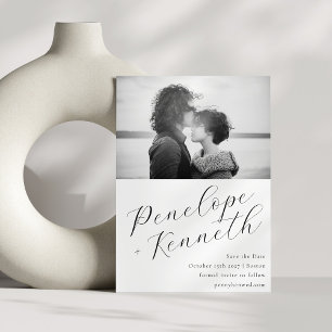 Save The Date Élégante calligraphie Script Photo Mariage blanc