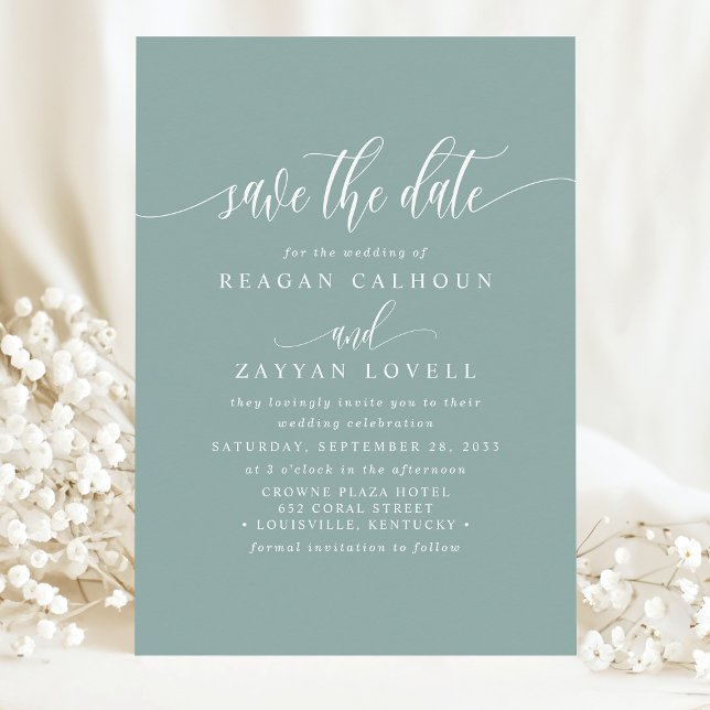 Save The Date Élégante Calligraphie Teinte de Teal Poussiéreuse  (Créateur téléchargé)