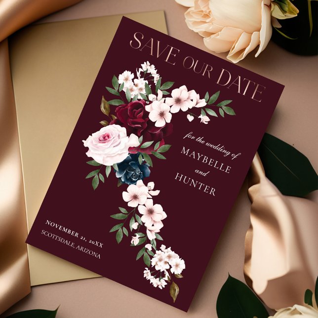 Save The Date Elégante cascade florale de la marine bordeaux (Elegant Burgundy Navy Watercolor Floral Waterfall Save The Date)