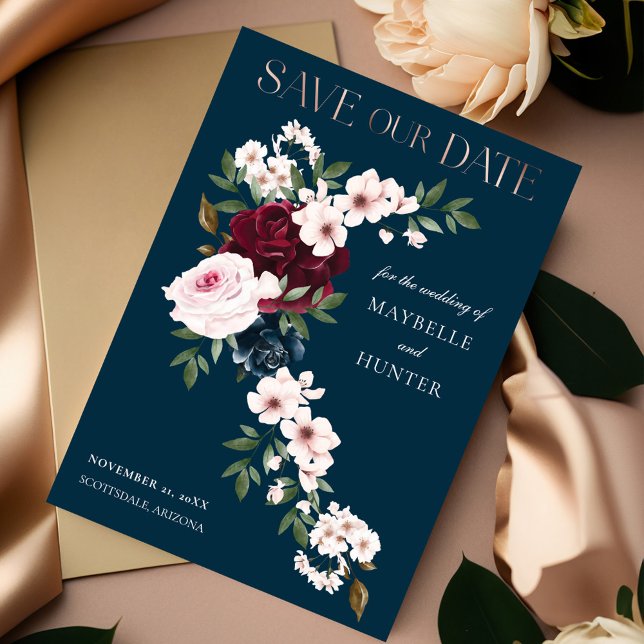 Save The Date Elégante cascade florale de la marine bordeaux (Elegant Burgundy Navy Watercolor Floral Waterfall Save The Date)