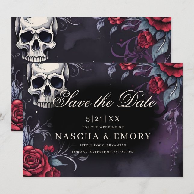 Save The Date Elégante cathédrale rouge et noire Mariage gothiqu (Devant / Derrière)