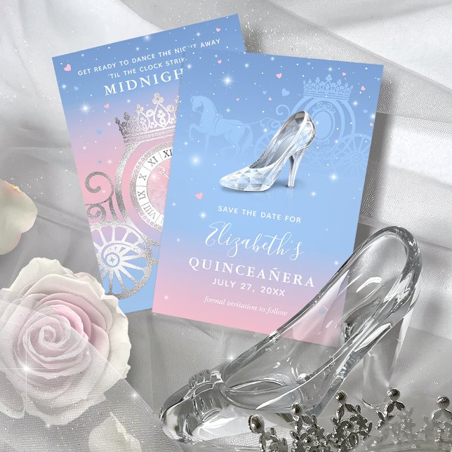 Save The Date Elégante Cendrillon Bleu clair et Quinceanera rose (Light blue and pink quinceanera save the dates that will bring a touch of magic to your special day!)