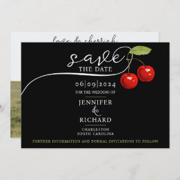 Save The Date Élégante Chic Cherries Rouge Black Photo Calligrap