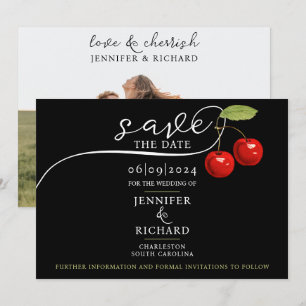 Save The Date Élégante Chic Cherries Rouge Black Photo Calligrap