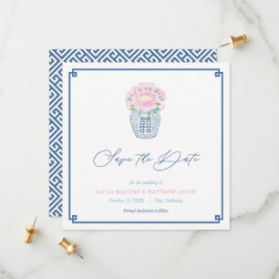 Save The Date Élégante Chinoiserie Marine bleu rose Printemps ma
