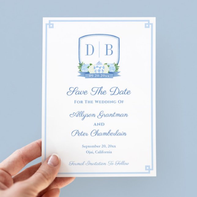 Save The Date Élégante Chinoiserie Monogram Mariage (Chinoiserie chic hand-painted blue and white monogram wedding crest save the date)
