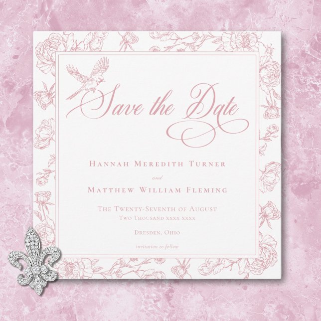Save The Date Élégante Chinoiserie rose Mariage d'oiseaux et de  (Elegant Pink Chinoiserie Bird & Crest Wedding Save The Date)