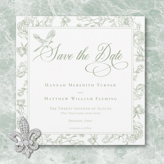 Save The Date Élégante Chinoiserie verte Mariage d'oiseaux et de (Elegant Green Chinoiserie Bird & Crest Wedding Save The Date)