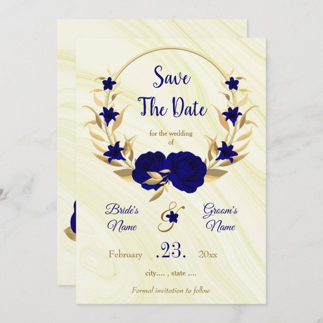 Save The Date élégante couronne de fleurs d'or bleu royal (Devant / Derrière)