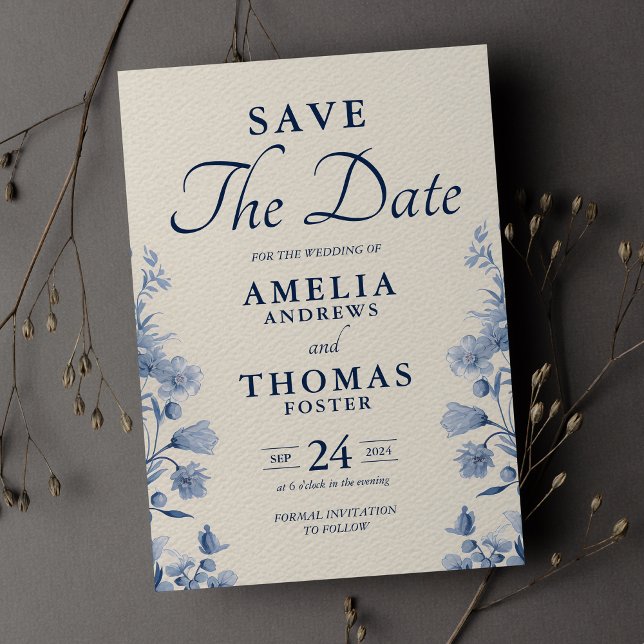 Save The Date Elégante crème classique et Mariage Floral bleu fr (Créateur téléchargé)