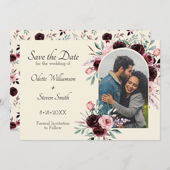 Save The Date Elégante crème et Mariage de photos florales de Bo (Devant / Derrière)