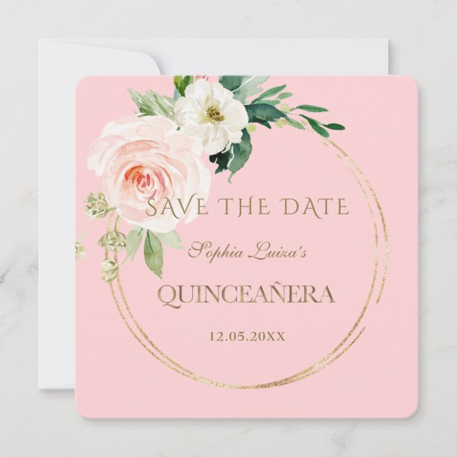 Save The Date Elégante Crème floue unique Floral or Quinceañera (Devant)