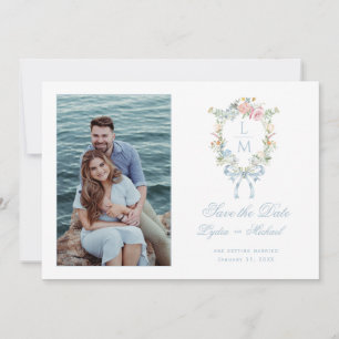 Save The Date Élégante crête de couronne fleurie Mariage monog