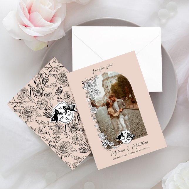 Save The Date Elégante croquis floral Fox Woodland Fairytale Pho (Elegant Woodland Fox Floral Sketch Fairytale Save The Date)