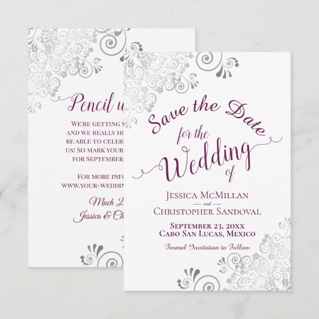 Save The Date Elégante dentelle argentée violet sur Mariage blan (Devant / Derrière)