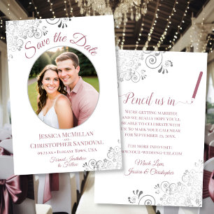 Save The Date Elégante dentelle d'argent Mauve sur Mariage blanc