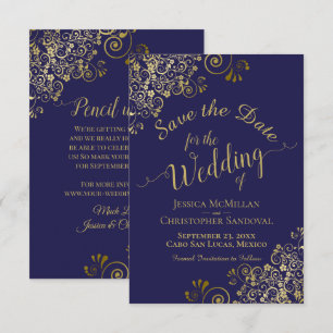 Save The Date Elégante dentelle d'or sur Mariage bleu marine