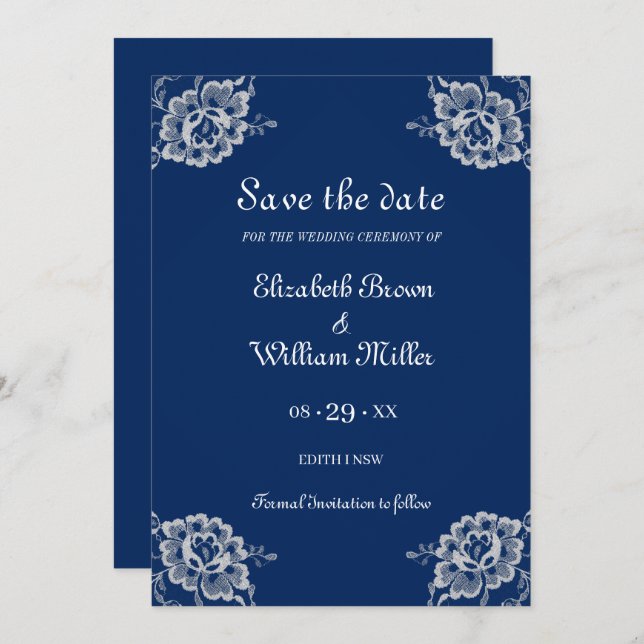 Save The Date Elégante dentelle florale sur Mariage bleu marine (Devant / Derrière)