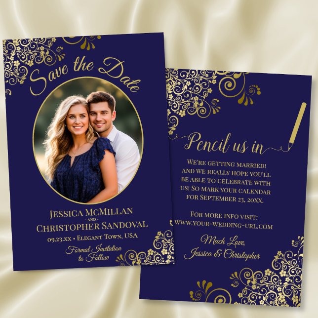 Save The Date Elégante dentelle or et photo ovale Mariage bleu m (Front/Back)