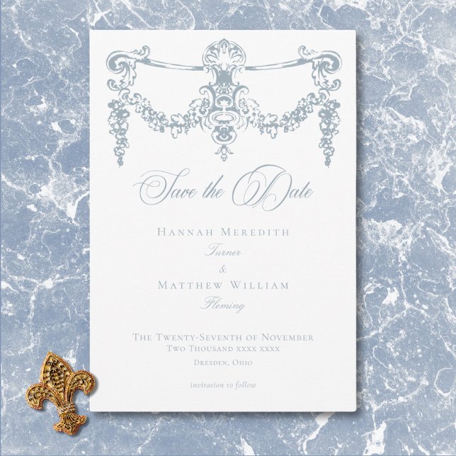 Save The Date Elégante Dusty Blue Chinoiserie Cherub Mariage (Elegant Dusty Blue Chinoiserie Cherub Wedding Save The Date)