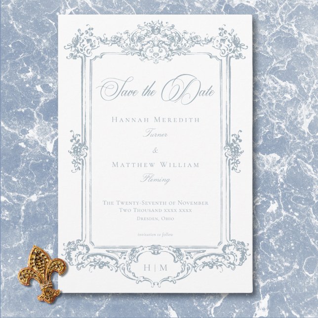 Save The Date Elégante Dusty Blue Chinoiserie Cherub Mariage (Elegant Dusty Blue Chinoiserie Cherub Wedding Save The Date)