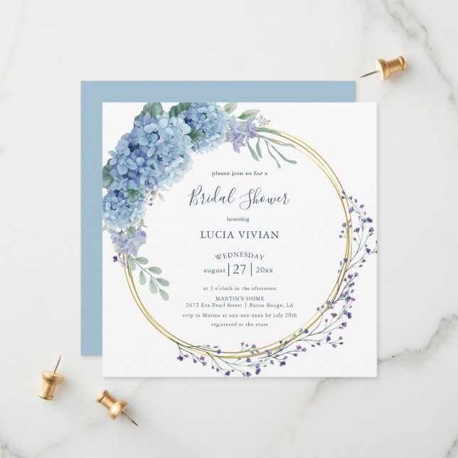 Save The Date Elégante Dusty Blue Floral Bridal Shower Invitatio (Devant/Arrière en situation)