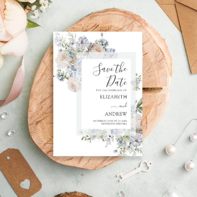 Save The Date Elégante Dusty Blue Floral Enregistrer la date (Créateur téléchargé)