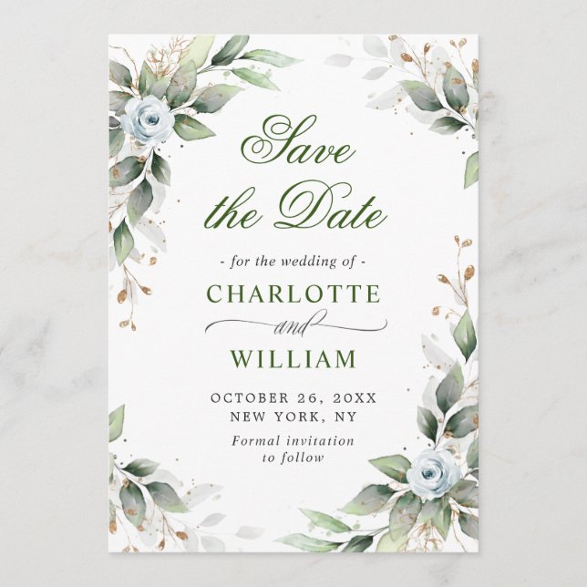 Save The Date Elégante Dusty Blue Flowers Mariage de verdure (Devant)