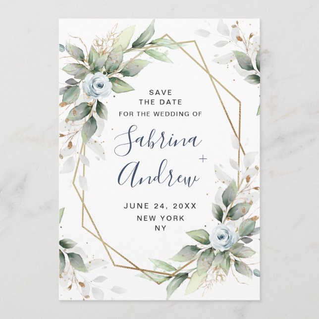 Save The Date Elégante Dusty Blue Flowers Mariage de verdure (Devant)
