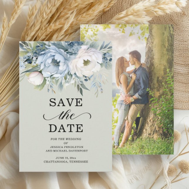 Save The Date Elégante Dusty Blue Ivory Floral Sage Green Photo (Dusty blue and white floral on sage green wedding Save the Date photo card)