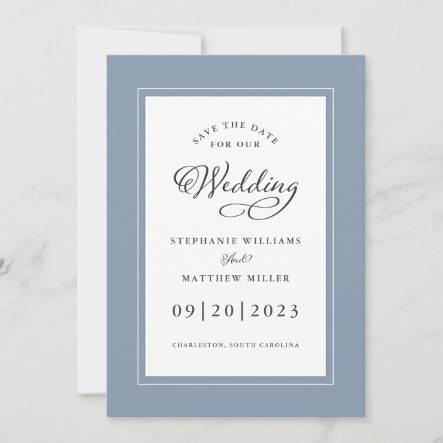 Save The Date Elégante Dusty Blue Mariage Chic Frame Calligraphi (Devant)