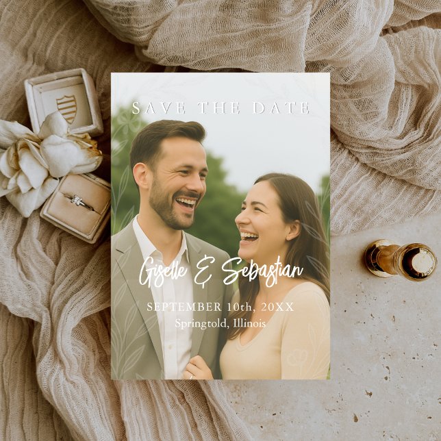 Save The Date Élégante Écriture Botanique Romantique Photo (Créateur téléchargé)
