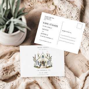 Save The Date Elégante Eglise aquarelle Lieu Manoir Mariage