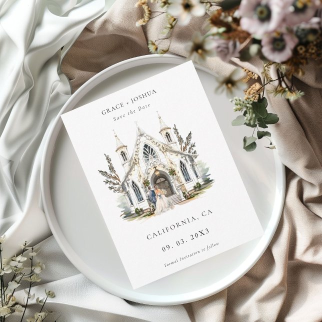 Save The Date Elégante Eglise aquarelle Lieu Manoir Mariage (Créateur téléchargé)