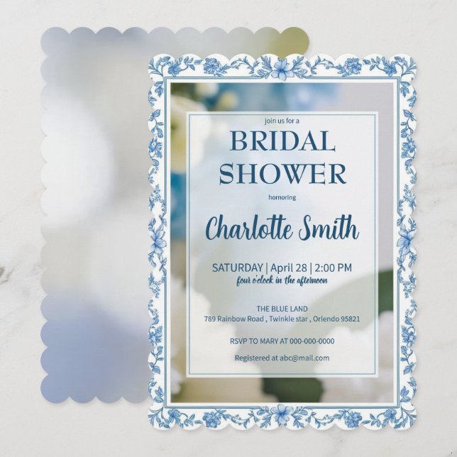 Save The Date Elégante Fleur Bleue chinoiserie douche de mariage (Devant / Derrière)