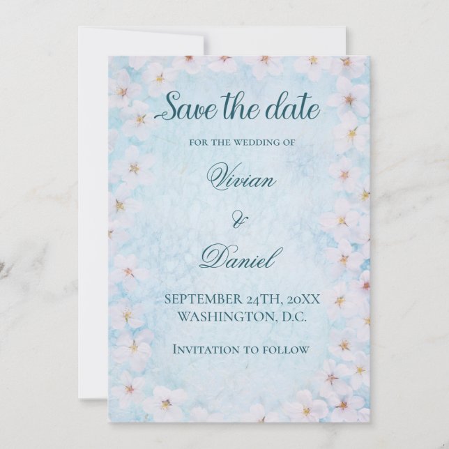 Save The Date Élégante fleurs de cerisier bleu Enregistrer la da (Devant)