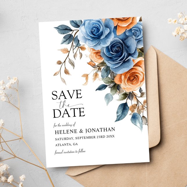 Save The Date Elégante Fleurs de Jardin Marine Mariage de rouill (Elegant Garden Flowers Navy Blue Rust Wedding Save The Date)