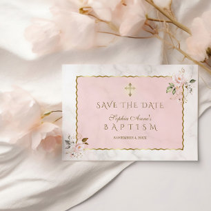 Save The Date Élégante Fleurs d'or rose Cross Girl Baptism