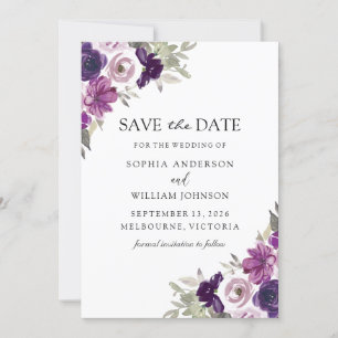 Save The Date Elégante Fleurs violettes Mariage d'hiver